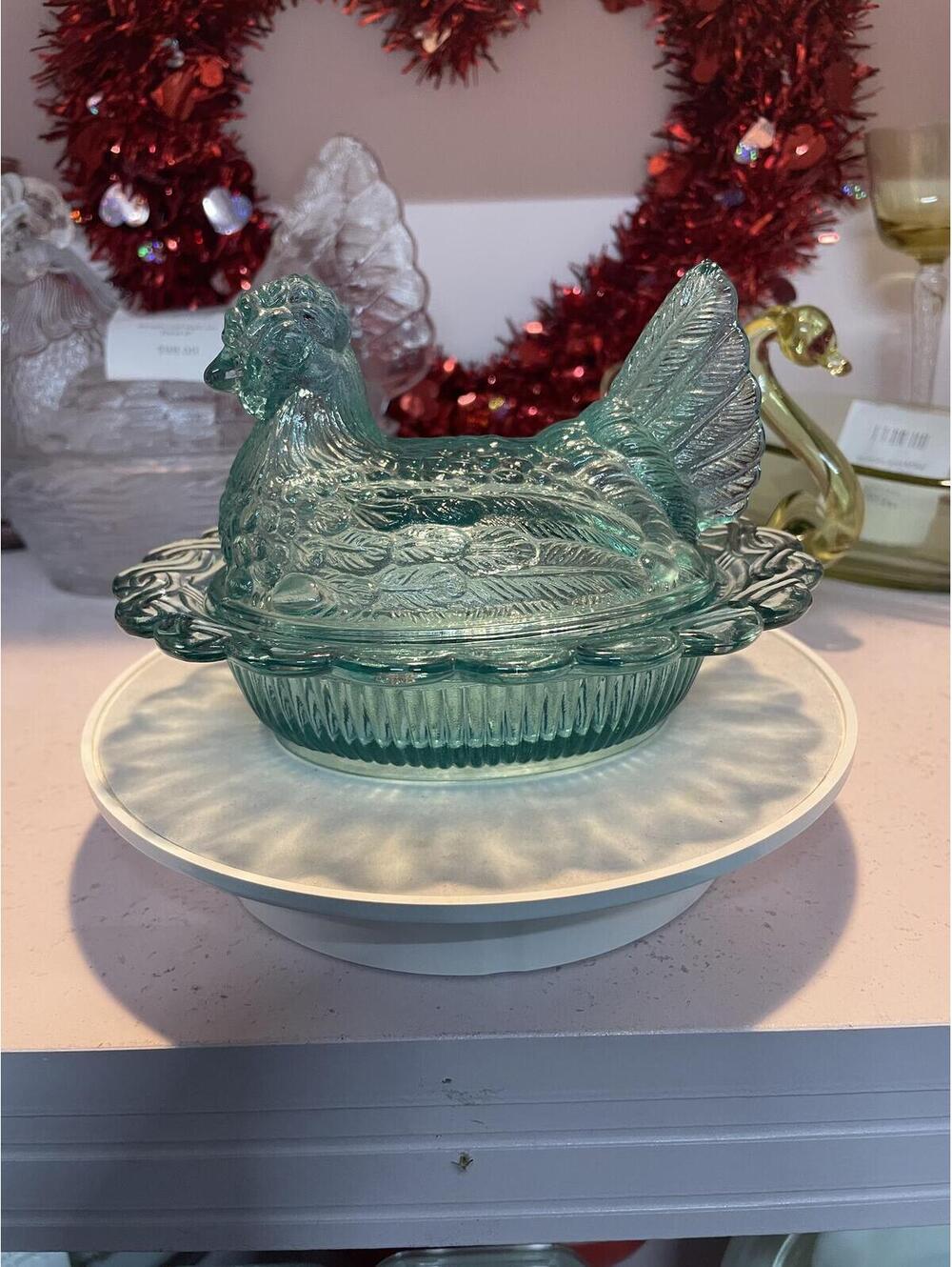 Mosser Glass Vintage Teal Hen on Nest 6 Inch Covered Candy Dish